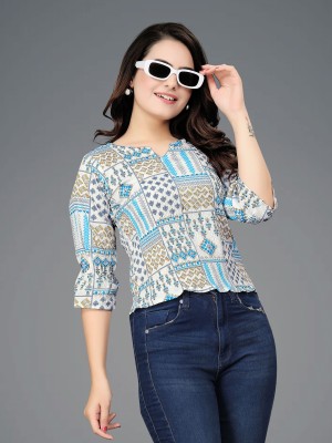 Nayasi Casual Graphic Print Women White, Light Blue Top