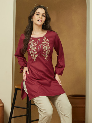 Janasya Casual Embroidered Women Maroon Top