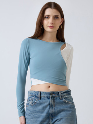 SZN Casual Color Block Women Blue Top