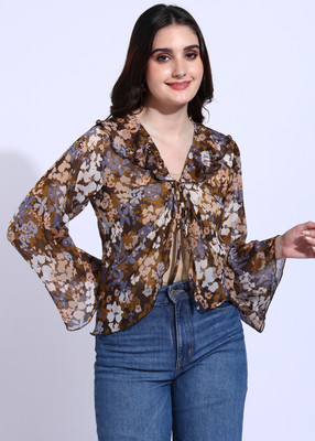 FashFun Casual 3/4 Sleeve Printed Women Brown Top