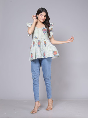 Saaviyo Casual Striped, Floral Print Women Multicolor Top