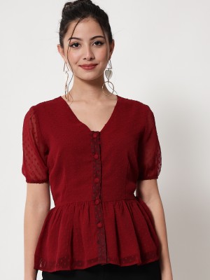 CHARMGAL Casual Self Design Women Maroon Top