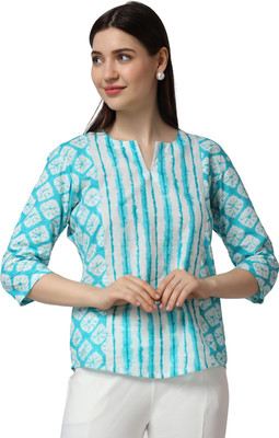 Herway Casual Printed Women Light Blue, White Top