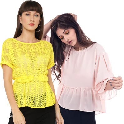 CHKOKKO Casual Self Design Women Pink, Yellow Top