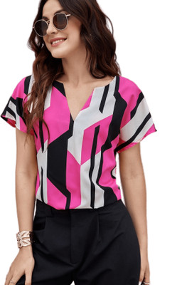 Classy Fashion Casual Printed, Geometric Print Women Pink, White, Black Top