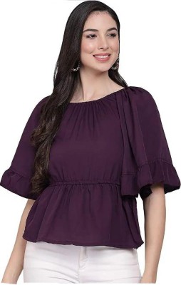 PINK HUB Casual Solid Women Purple Top