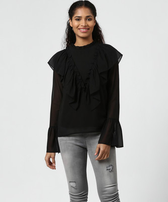 HARPA Casual Bell Sleeve Solid Women Black Top