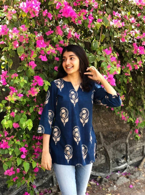 SANGOURI Casual Floral Print Women Blue Top
