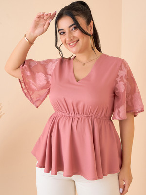 CURVE BY KASSUALLY Casual Solid Women Pink Top