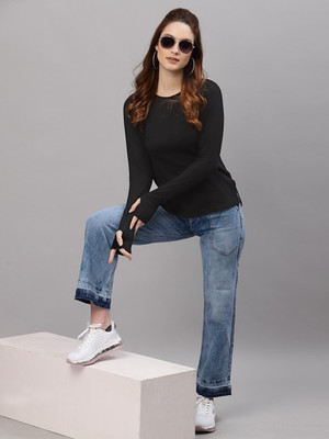 RIGO Casual Solid Women Black Top
