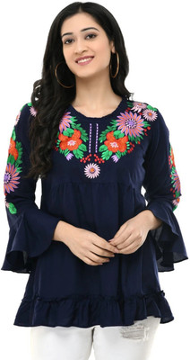 Maahi Casual 3/4 Sleeve Embroidered Women Blue Top