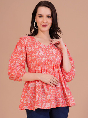 NAVYANKAA Casual Printed Women Orange Top