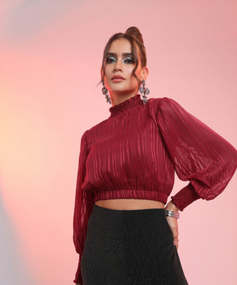 Tokyo Talkies Casual Striped Women Maroon Top