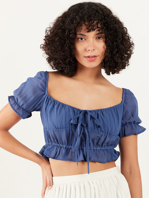 ATHENA Casual Solid Women Blue Top