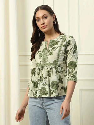 FIORRA Party Printed Women Green Top