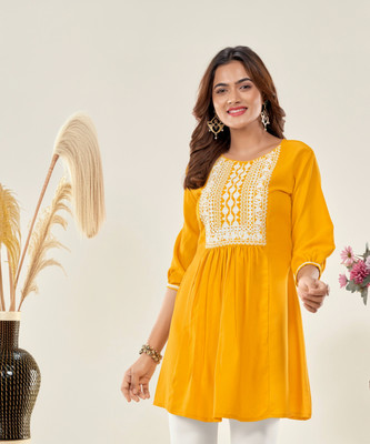 Glomee Casual Embroidered Women Yellow Top