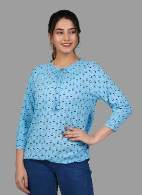 himanc Casual Printed Women Blue Top