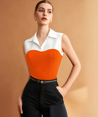 RARE Casual Solid Women Orange, White Top