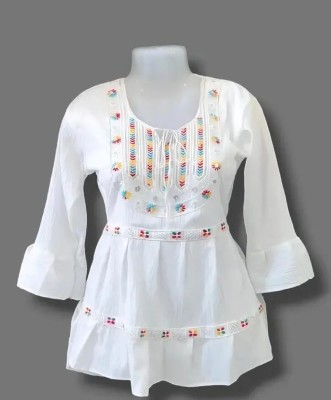 NAIDA Casual Self Design, Lace, Embroidered Women White Top