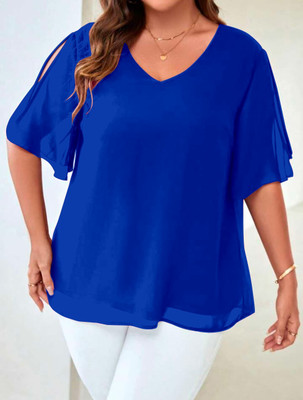 HFFasion Party Solid, Self Design Women Blue Top