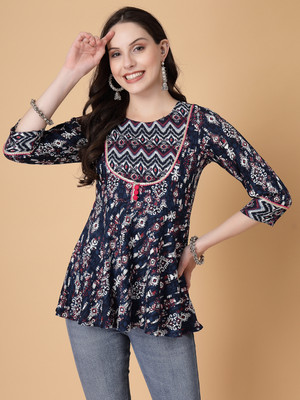 seven flower Casual Geometric Print Women Blue Top