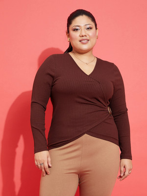 SASSAFRAS Curve Casual Self Design Women Brown Top