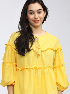 Tokyo Talkies Casual Solid Women Yellow Top