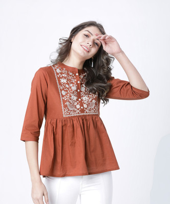 Vishudh Casual 3/4 Sleeve Embroidered Women Brown Top