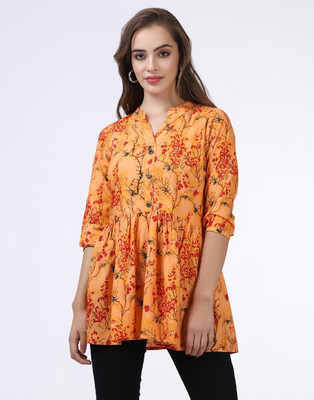 HANUMNTRA Casual 3/4 Sleeve Printed Women Orange Top
