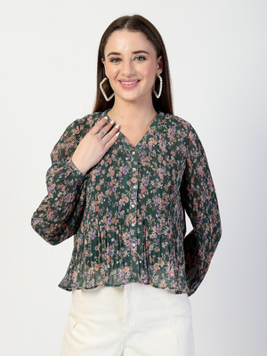 Cosmic Trio Casual Floral Print Women Dark Green Top