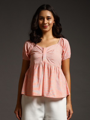 swaggish Casual Striped Women Orange Top