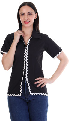 YES TEN Casual Self Design, Solid, Lace Women Black Top