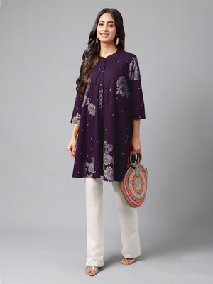Janasya Casual Floral Print Women Purple Top