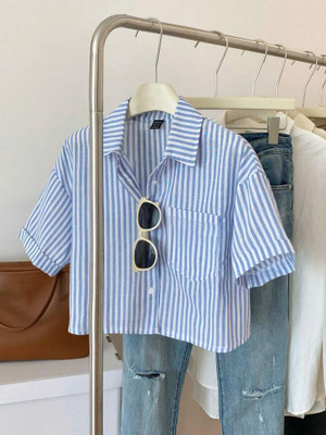 Hustle Create Women Striped Casual Blue, White Shirt