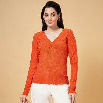 Honey By Pantaloons Casual Self Design Women Orange Top