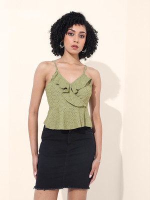 Freehand Casual Self Design Women Green Top