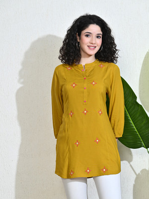 Meesan Casual Embroidered Women Yellow Top