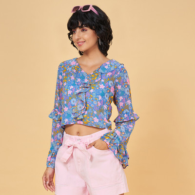 PEOPLE Casual Printed Women Light Blue Top