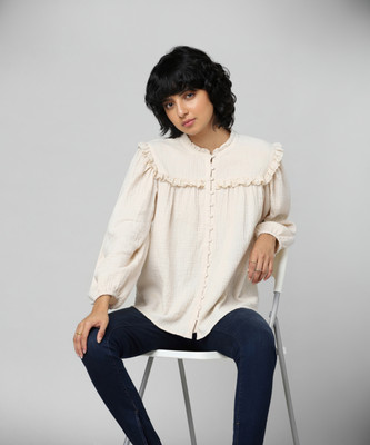 ONLY Casual Solid Women Beige Top