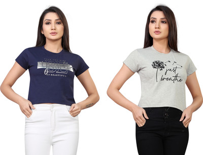Tween Trends Casual Graphic Print Women Grey, Dark Blue Top