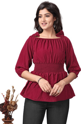 HouseOfCommon Casual Solid Women Maroon Top