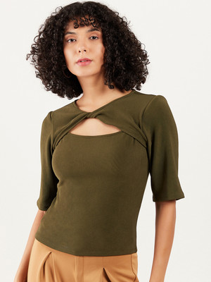 ATHENA Casual Solid Women Green Top