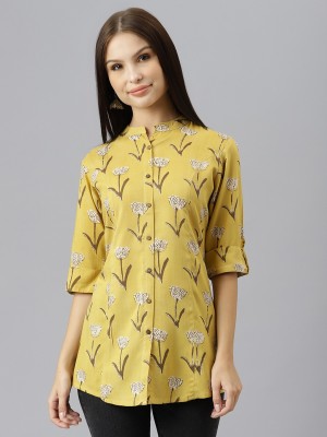 DIVENA Women Printed Casual Yellow Shirt