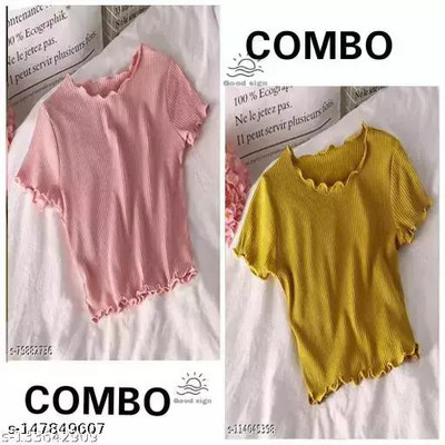 GLADLY Casual Self Design Women Pink, Yellow Top