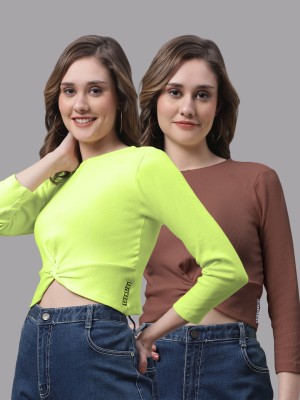 FBAR Casual Self Design Women Light Green, Brown Top