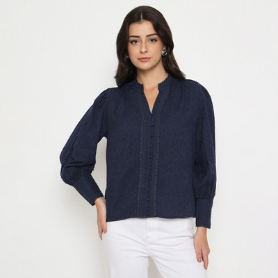 MADAME Casual Solid Women Dark Blue Top