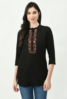 Meesan Casual Embroidered Women Black Top
