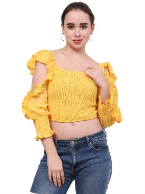 TJ CREATION Casual Solid Women Yellow Top