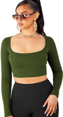 THE BLAZZE Casual Solid Women Dark Green Top