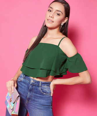 Chimpaaanzee Casual Short Sleeve Solid Women Green Top